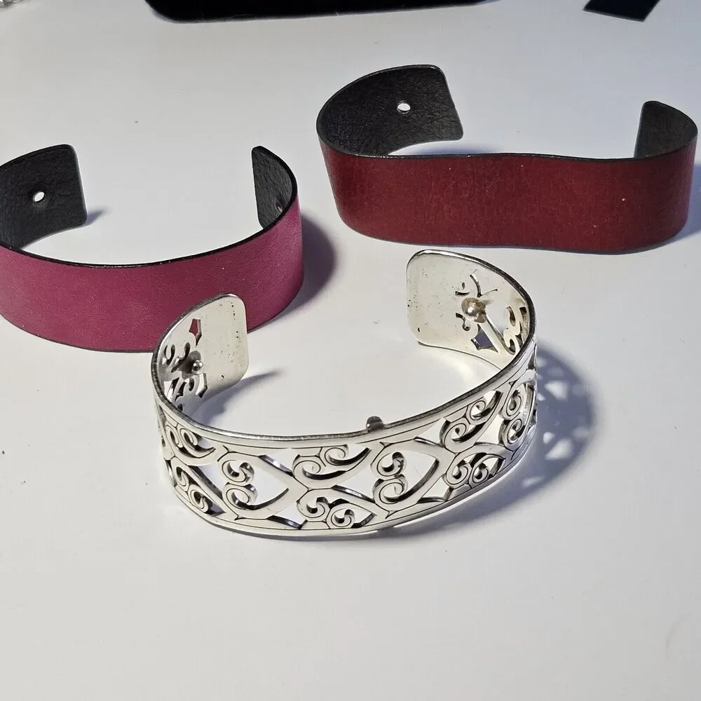 Brighton Christo Madrid Narrow Silver Plated Cuff Bracelet Pink Red Leather 7" - Picture 14 of 16
